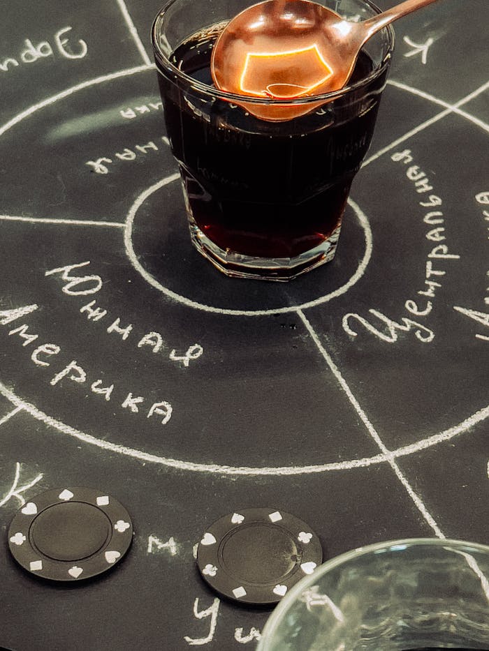 A glass with a drink and spoon on a chalk-marked table with poker chips.